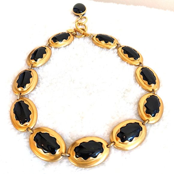Anne Klein Jewelry - Vintage 1990s Anne Klein Chunky Gold Necklace w Black Bezel Set Oval Cabochons